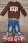"Be Kind" Cheetah Denim Bell Bottom Set - 6-12 Months - Brown long-sleeve shirt with "BE KIND" text and leopard print accents paired with blue denim bell-bottom jeans featuring.