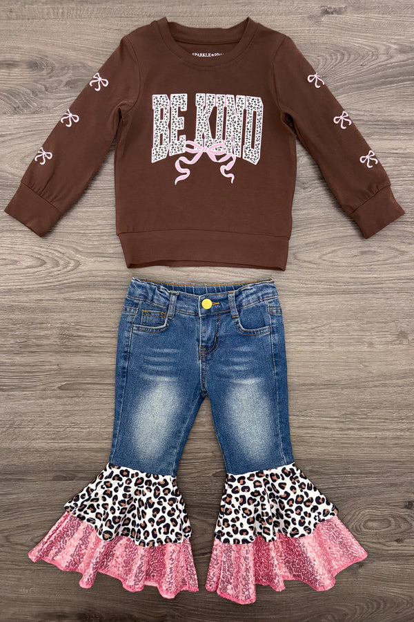 "Be Kind" Cheetah Denim Bell Bottom Set - 6-12 Months - Brown long-sleeve shirt with "BE KIND" text and leopard print accents paired with blue denim bell-bottom jeans featuring.