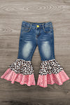 "Be Kind" Cheetah Denim Bell Bottom Set - 6-12 Months - Blue denim bell bottom pants with cheetah print and pink ruffled hems for toddlers.