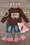 "Be Kind" Cheetah Denim Bell Bottom Set - 6-12 Months - Brown long-sleeve top with "Be Kind" cheetah print text paired with denim bell bottom pants featuring cheetah and pink.