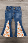 Pumpkins & Bows Flare Denim Pant Set - 6-12 Months - Blue denim flare pants with high waist, featuring orange pumpkin and white floral fabric inserts in the front flared legs.