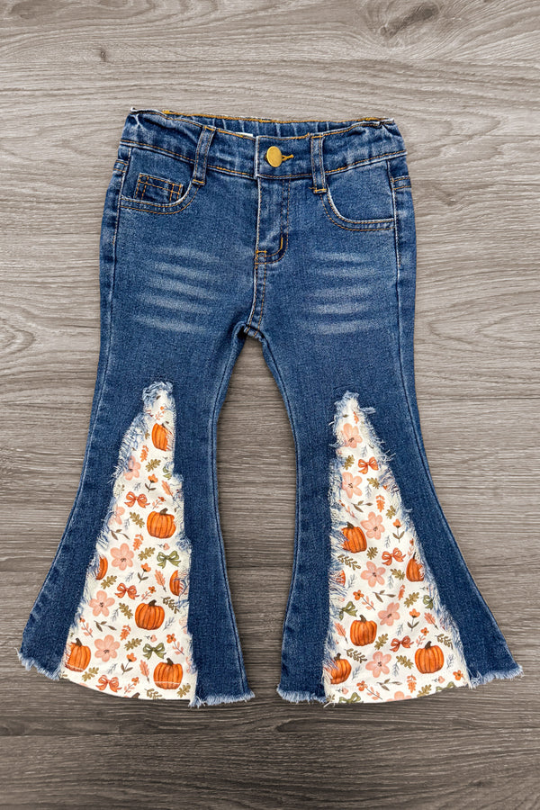 Pumpkins & Bows Flare Denim Pant Set - 6-12 Months - Blue denim flare pants with high waist, featuring orange pumpkin and white floral fabric inserts in the front flared legs.