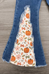 Pumpkins & Bows Flare Denim Pant Set - 6-12 Months - Blue flare denim pants with white fabric inserts featuring orange pumpkins and floral prints.