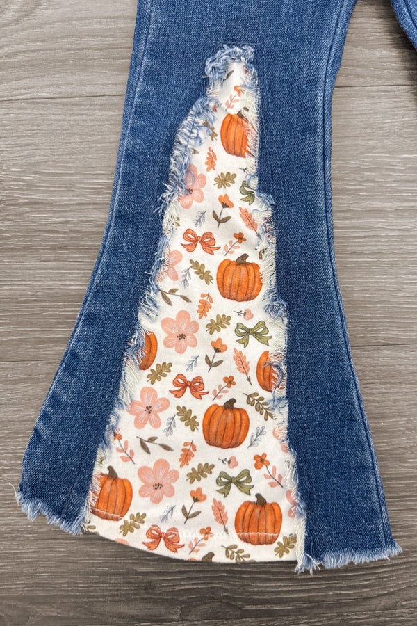 Pumpkins & Bows Flare Denim Pant Set - 6-12 Months - Blue flare denim pants with white fabric inserts featuring orange pumpkins and floral prints.