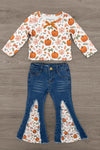 Pumpkins & Bows Flare Denim Pant Set - 6-12 Months - Long-sleeve white top with orange pumpkin and leaf print and orange bow neckline paired with blue flare denim pants.
