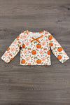 Pumpkins & Bows Flare Denim Pant Set - 6-12 Months - White long-sleeve shirt with orange pumpkin and floral print, round neckline, soft fabric.