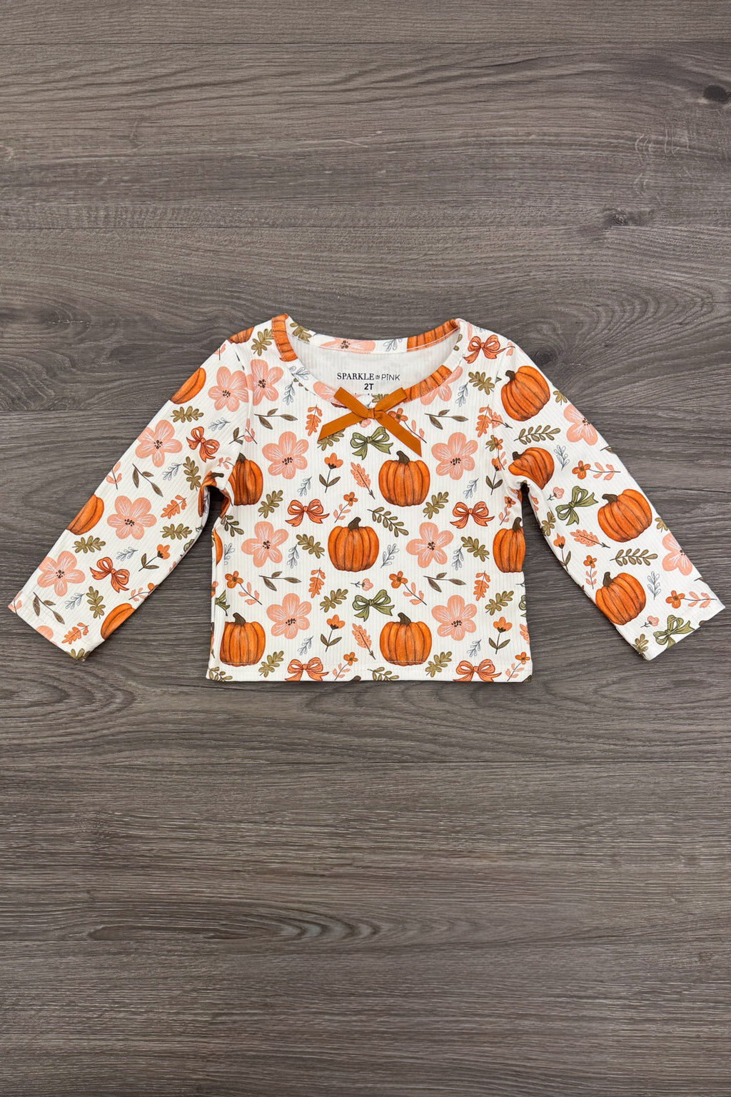 Pumpkins & Bows Flare Denim Pant Set - 6-12 Months - White long-sleeve shirt with orange pumpkin and floral print, round neckline, soft fabric.