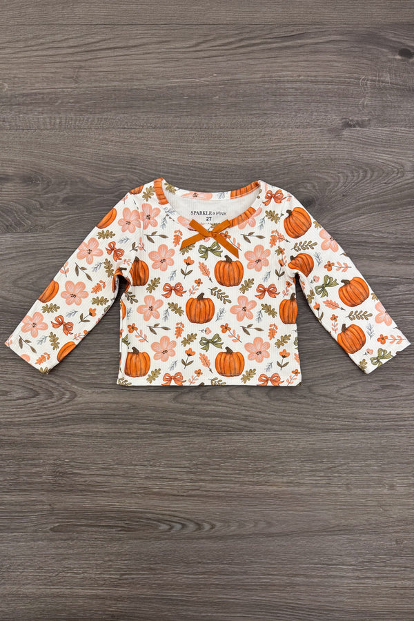 Pumpkins & Bows Flare Denim Pant Set - 6-12 Months - White long-sleeve shirt with orange pumpkin and floral print, round neckline, soft fabric.