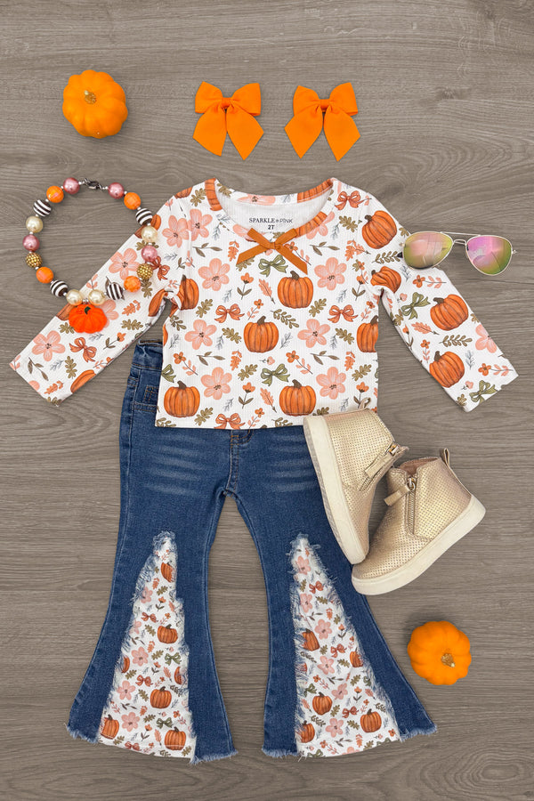 Pumpkins & Bows Flare Denim Pant Set - 6-12 Months - Long-sleeve white top with orange pumpkin and floral print, paired with blue flare denim jeans featuring matching.