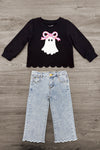 Rhinestone Ghost Denim Pant Set - 6-12 Months - Black long-sleeve top with scalloped hem and pink-bow ghost graphic, paired with light-wash scalloped-hem denim pants.