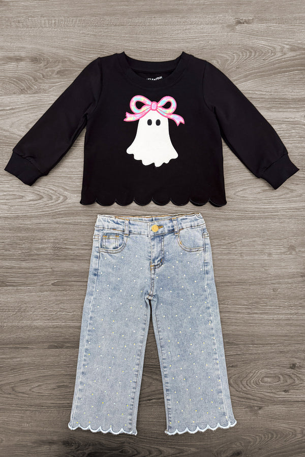 Rhinestone Ghost Denim Pant Set - 6-12 Months - Black long-sleeve top with scalloped hem and pink-bow ghost graphic, paired with light-wash scalloped-hem denim pants.