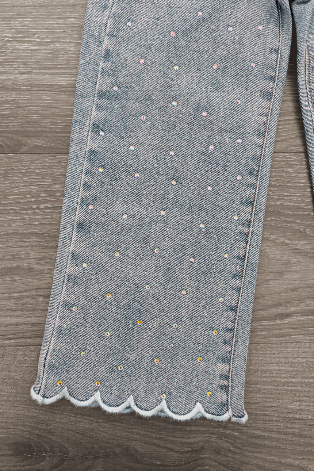 Rhinestone Ghost Denim Pant Set - 6-12 Months - Black denim pant leg with multicolored rhinestones and scalloped hem detailing.