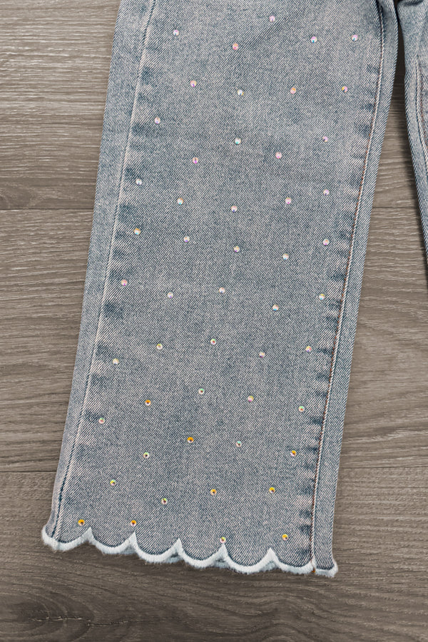 Rhinestone Ghost Denim Pant Set - 6-12 Months - Black denim pant leg with multicolored rhinestones and scalloped hem detailing.