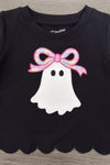Rhinestone Ghost Denim Pant Set - 6-12 Months - Black cropped top with scalloped hem featuring a white ghost graphic with a pink and blue bow on its head.