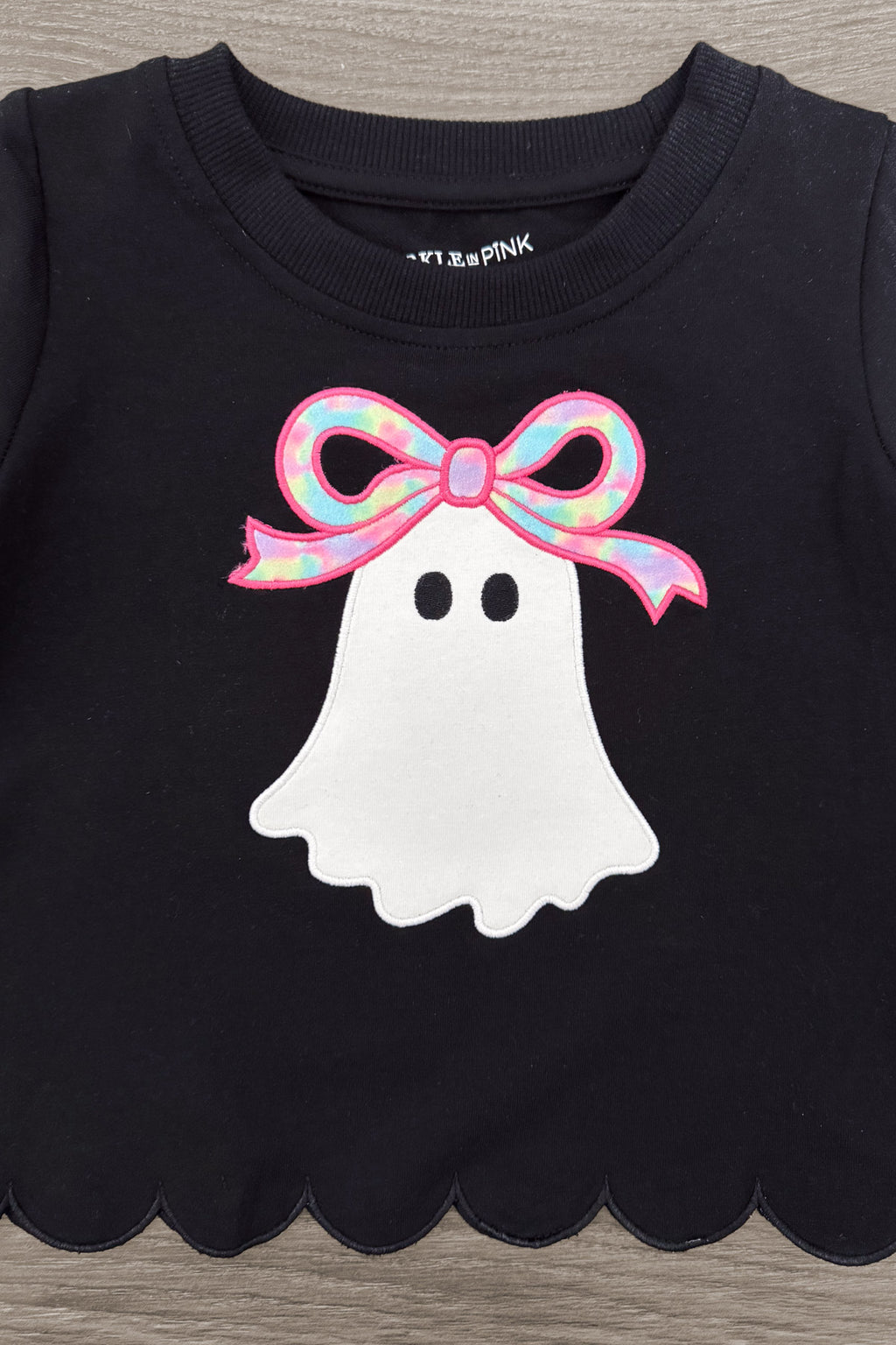 Rhinestone Ghost Denim Pant Set - 6-12 Months - Black cropped top with scalloped hem featuring a white ghost graphic with a pink and blue bow on its head.