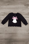 Rhinestone Ghost Denim Pant Set - 6-12 Months - Black long-sleeve shirt with scalloped hem and rhinestone-studded white ghost wearing a pink bow on the front.