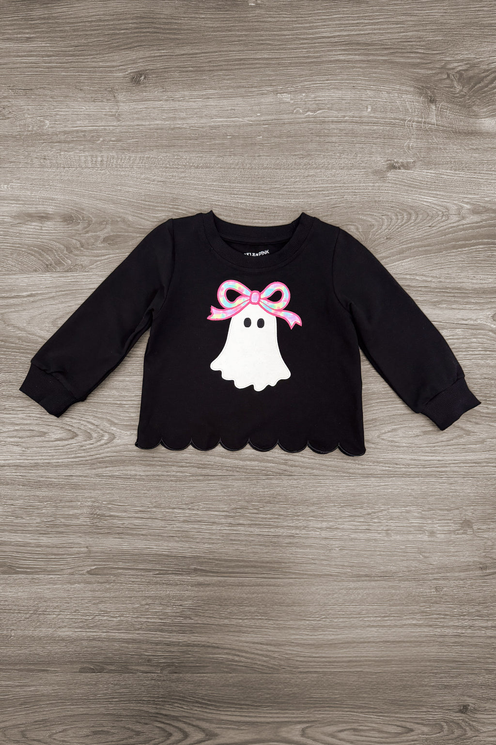 Rhinestone Ghost Denim Pant Set - 6-12 Months - Black long-sleeve shirt with scalloped hem and rhinestone-studded white ghost wearing a pink bow on the front.