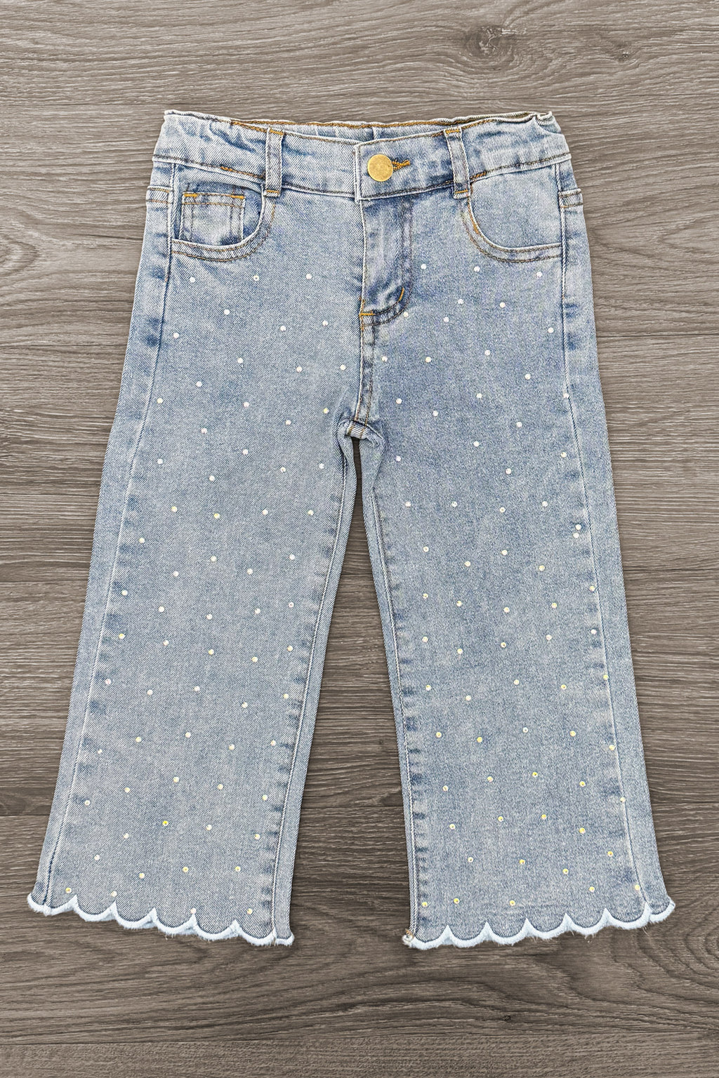 Rhinestone Ghost Denim Pant Set - 6-12 Months - Light blue denim pants with white rhinestone embellishments and scalloped hems.