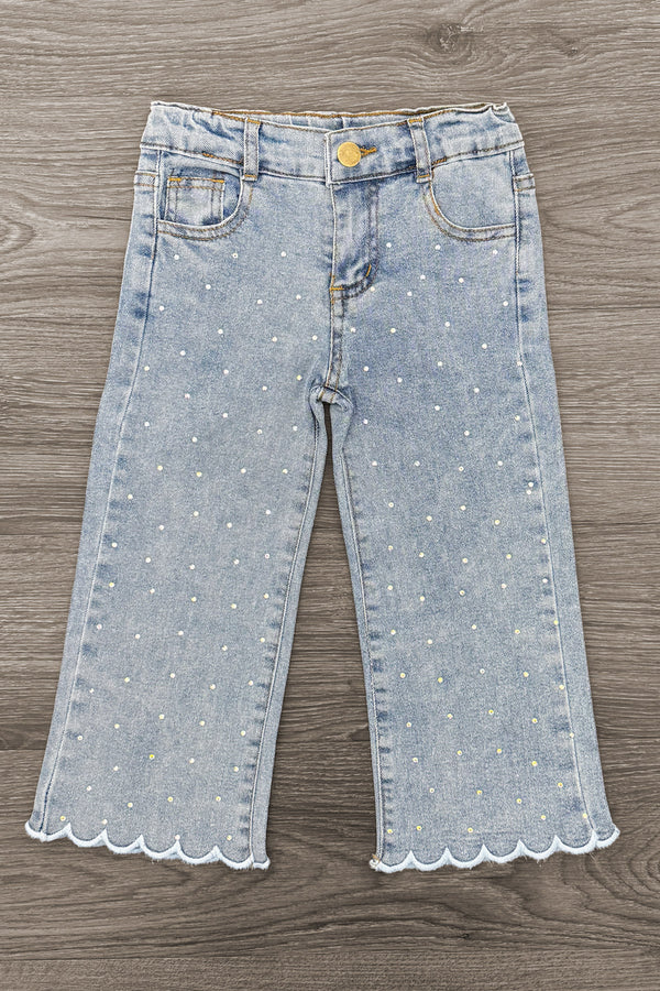 Rhinestone Ghost Denim Pant Set - 6-12 Months - Light blue denim pants with white rhinestone embellishments and scalloped hems.