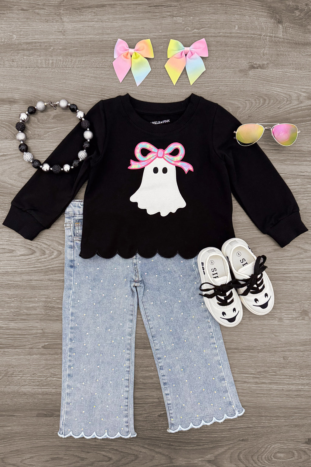 Rhinestone Ghost Denim Pant Set - 6-12 Months - Black long-sleeve top with scalloped hem and rhinestone ghost graphic paired with light blue scalloped denim pants.