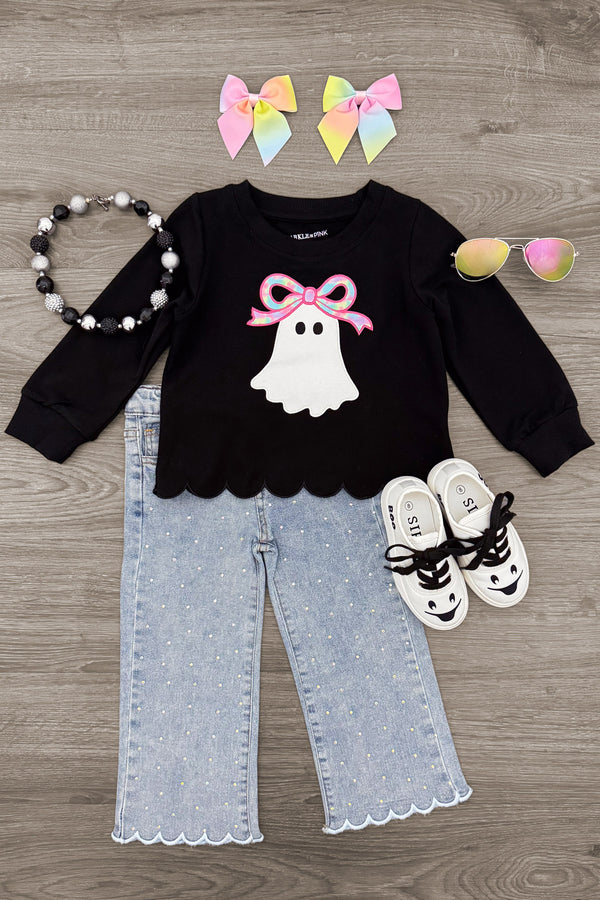 Rhinestone Ghost Denim Pant Set - 6-12 Months - Black long-sleeve top with scalloped hem and rhinestone ghost graphic paired with light blue scalloped denim pants.