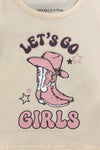 "Let's Go Girls" Bell Bottom Vest Set - 3 Piece - 6-12 Months - Cream sleeveless vest with pink cowboy boot and hat graphic, "Let's Go Girls" text in bold letters.