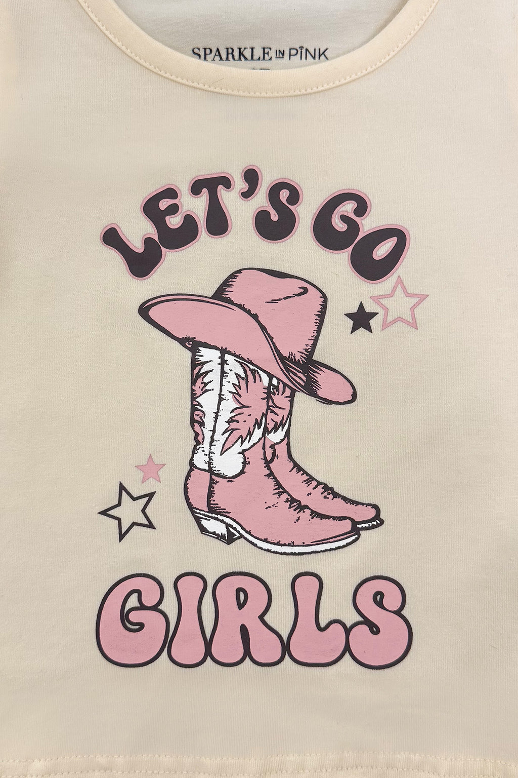 "Let's Go Girls" Bell Bottom Vest Set - 3 Piece - 6-12 Months - Cream sleeveless vest with pink cowboy boot and hat graphic, "Let's Go Girls" text in bold letters.