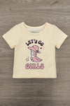 "Let's Go Girls" Bell Bottom Vest Set - 3 Piece - 6-12 Months - Cream short-sleeve t-shirt with pink cowboy boots graphic and "Let’s Go Girls" text in playful font.