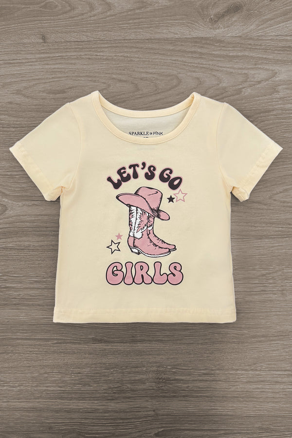 "Let's Go Girls" Bell Bottom Vest Set - 3 Piece - 6-12 Months - Cream short-sleeve t-shirt with pink cowboy boots graphic and "Let’s Go Girls" text in playful font.