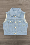 "Let's Go Girls" Bell Bottom Vest Set - 3 Piece - 6-12 Months - Light blue denim sleeveless vest with button front and two chest pockets.