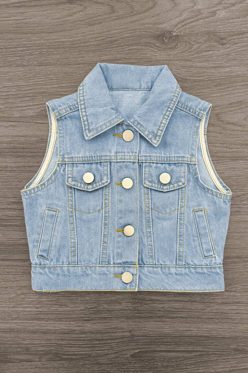 "Let's Go Girls" Bell Bottom Vest Set - 3 Piece - 6-12 Months - Light blue denim sleeveless vest with button front and two chest pockets.