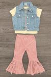 "Let's Go Girls" Bell Bottom Vest Set - 3 Piece - 6-12 Months - Cream short-sleeve top with light blue sleeveless denim vest and pink bell-bottom pants with fringe detailing.