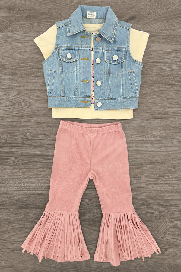 "Let's Go Girls" Bell Bottom Vest Set - 3 Piece - 6-12 Months - Cream short-sleeve top with light blue sleeveless denim vest and pink bell-bottom pants with fringe detailing.