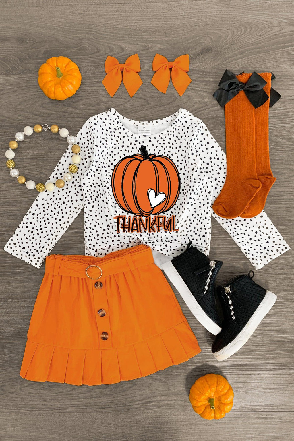 "Thankful" White & Orange Pumpkin Skirt Set - Sparkle in Pink