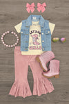 "Let's Go Girls" Bell Bottom Vest Set - 3 Piece - 6-12 Months - Cream graphic t-shirt with "Let's Go Girls" text and pink dog, paired with sleeveless blue denim vest and pink bell-bottom.