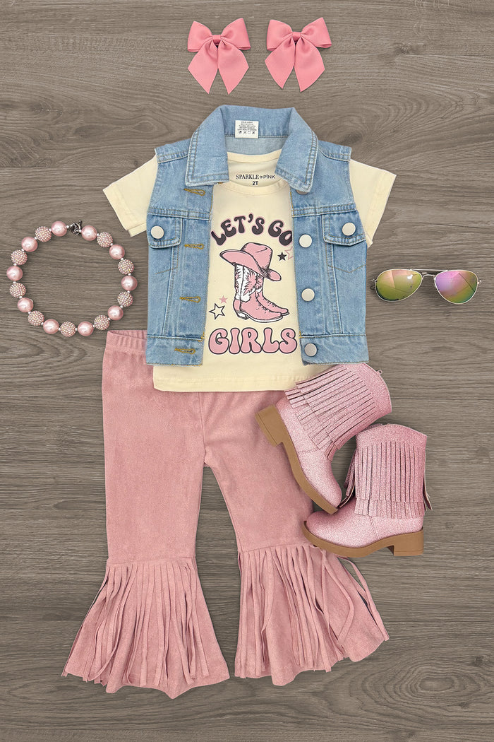 "Let's Go Girls" Bell Bottom Vest Set - 3 Piece - 6-12 Months - Cream graphic t-shirt with "Let's Go Girls" text and pink dog, paired with sleeveless blue denim vest and pink bell-bottom.