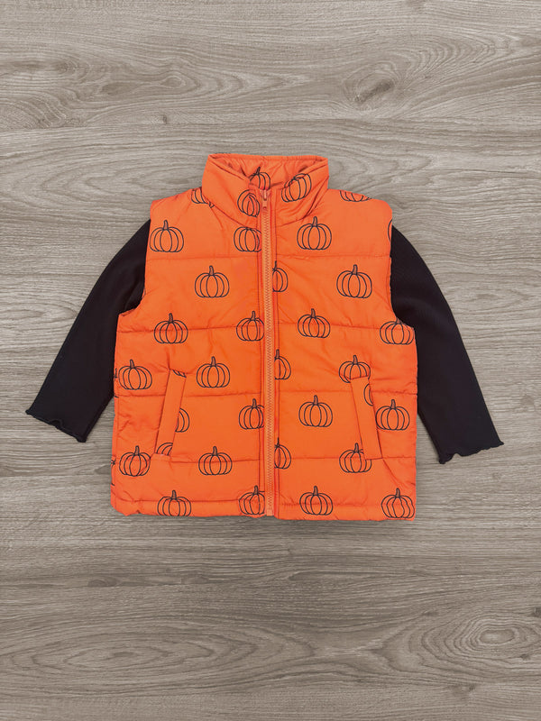 Mom & Me - Pumpkin Vest Set - CHILD-6-12 Months - Bright orange quilted vest with black pumpkin prints worn over a long-sleeve black shirt.
