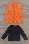 Mom & Me - Pumpkin Vest Set - CHILD-6-12 Months - Orange quilted vest with pumpkin print paired with black long-sleeve ribbed shirt with scalloped edges.
