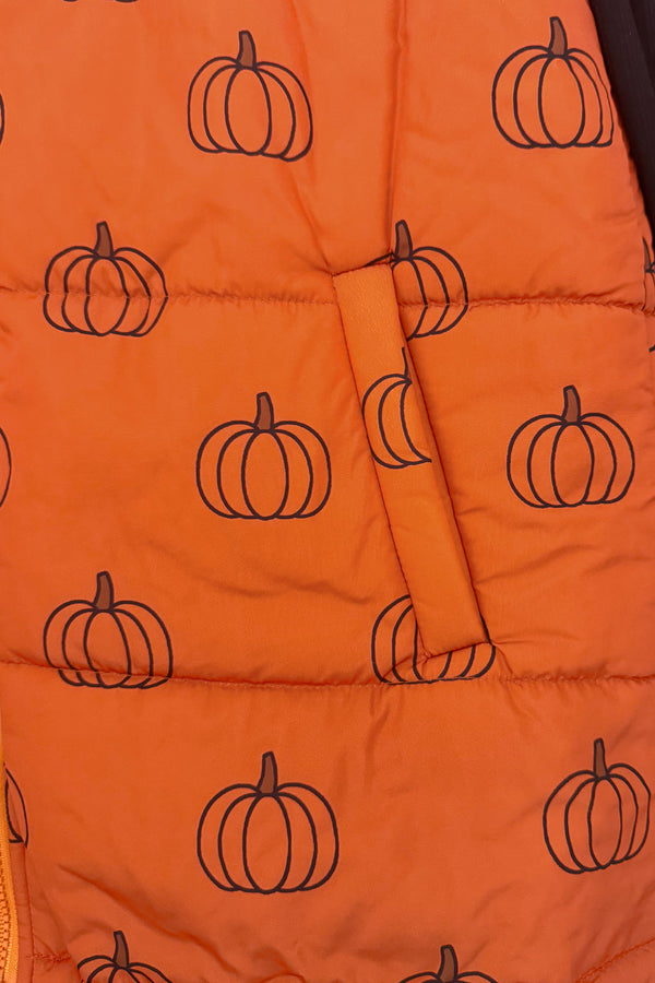 Mom & Me - Pumpkin Vest Set - CHILD-6-12 Months - Orange quilted vest with black pumpkin outlines printed all over the fabric.