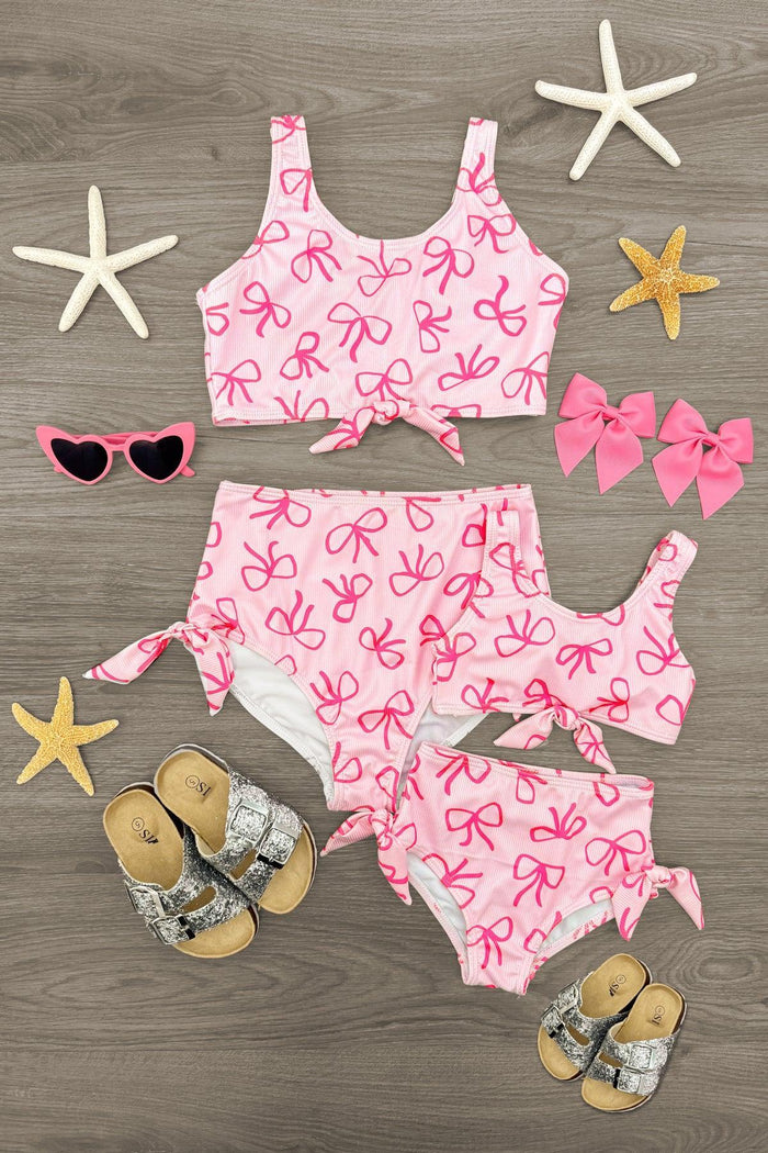 Mom & Me - Pink Bow Bikini - CHILD-6-12 Months - Pink bow print matching mom and child crop tank bikinis with high-waist bottoms and bows.
