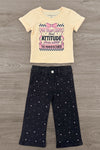 "For Complaints About Attitude.." Denim Pant Set - 6-12 Months - Cream short-sleeve t-shirt with graphic text paired with black denim pants featuring small white polka dots.