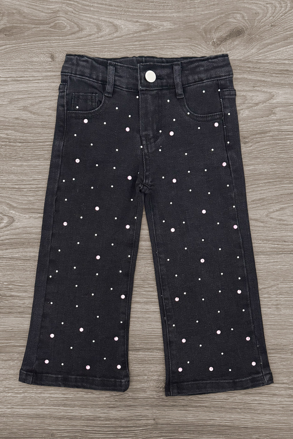 "For Complaints About Attitude.." Denim Pant Set - 6-12 Months - Black denim pants with silver studs scattered across the fabric, featuring a classic five-pocket design and button closure.