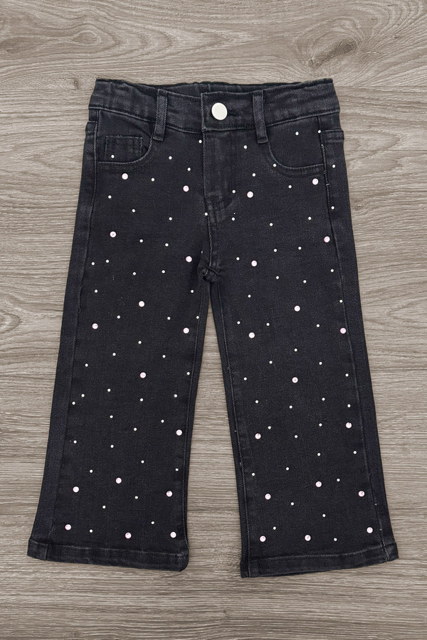 "For Complaints About Attitude.." Denim Pant Set - 6-12 Months - Black denim pants with silver studs scattered across the fabric, featuring a classic five-pocket design and button closure.