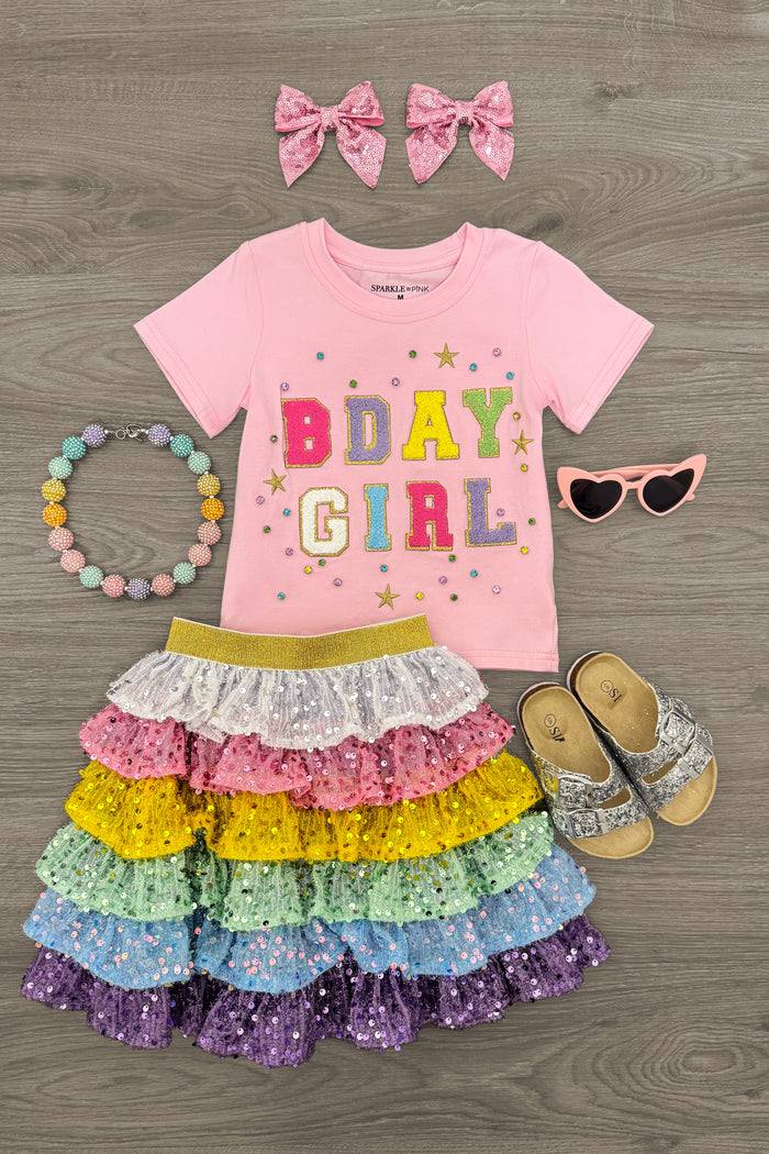 "Bday Girl" Rainbow Ruffle Sequin Skirt Set - 12-18 Months - Pink short-sleeve tee with colorful "BDAY GIRL" lettering paired with a rainbow ruffle sequin skirt.