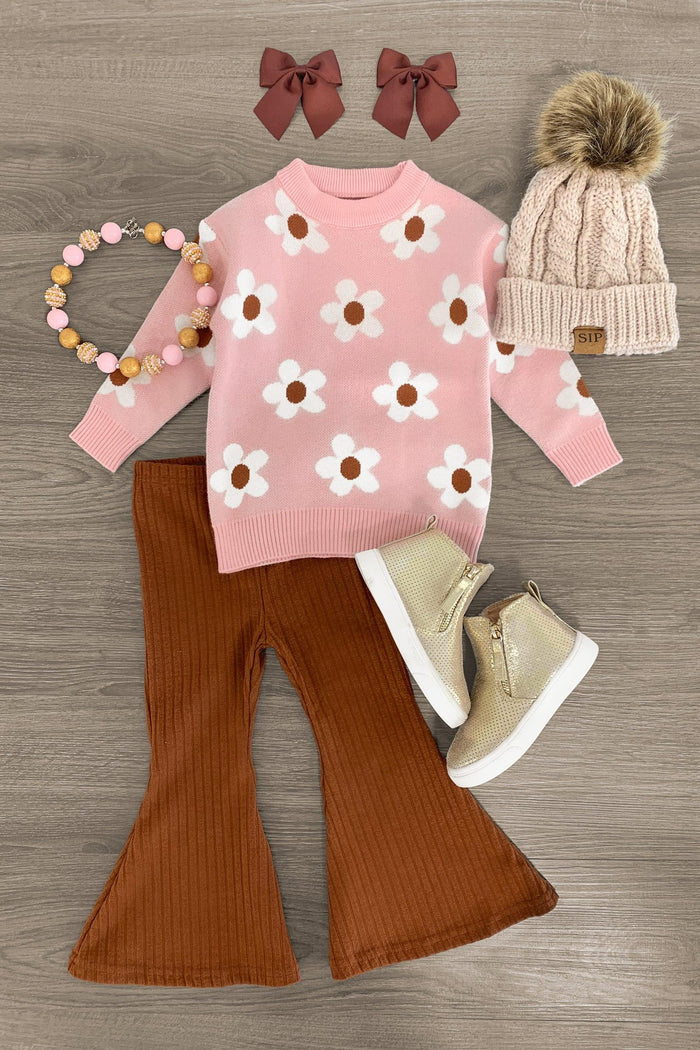 Pink Flower Sweater Bell Bottom Set - 3XS-6-12 Months - Pink sweater with white and brown flowers paired with brown ribbed bell-bottom pants and tan boots.