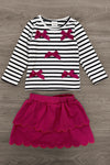 Striped Burgundy Bow Skirt Set - 6-12 Months - White and black striped long-sleeve top with burgundy bow accents paired with a scalloped burgundy skirt.