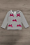 Striped Burgundy Bow Skirt Set - 6-12 Months - Long-sleeve white top with black horizontal stripes and four burgundy velvet bows on front.