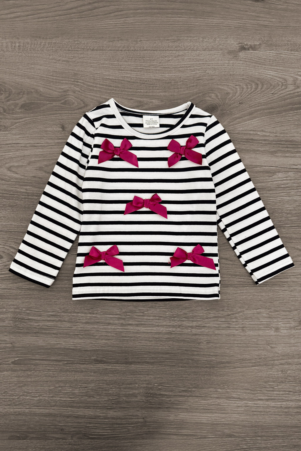 Striped Burgundy Bow Skirt Set - 6-12 Months - Long-sleeve white top with black horizontal stripes and four burgundy velvet bows on front.