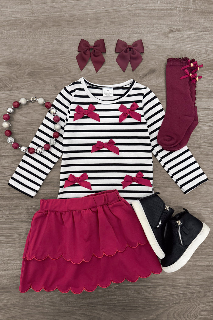 Striped Burgundy Bow Skirt Set - 6-12 Months - Burgundy and white striped long-sleeve top with burgundy bows, scalloped burgundy skirt, matching burgundy knee socks, bow.