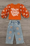 "Take Me To The Pumpkin Patch" Denim Pant Set - 6-12 Months - Orange long-sleeve top with puffed sleeves and white "Take me to the Pumpkin Patch" text paired with light blue denim pants.